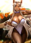  1girl animal_ears blurry blurry_background blush boku_no_hero_academia bow bowtie breasts bunny_ears carrot carrot_juice cleavage cup dark_skin detached_collar drinking_glass fang gloves impossible_clothes large_breasts long_hair looking_at_viewer mirko nextoad pantyhose playboy_bunny red_eyes silver_hair solo tray very_long_hair walking watermark white_gloves 