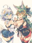  2girls ahoge animal_ears bangs beige_background black_bow black_legwear blue_hair bow breasts brown_hair cleavage closed_mouth collar collarbone commentary_request crossed_bangs eyebrows_visible_through_hair fang garter_straps green_collar green_eyes green_hair hair_between_eyes hair_bow highres holding_hands interlocked_fingers kuromiya kuromiya_raika large_breasts long_hair looking_at_viewer multicolored_hair multiple_girls open_mouth original shiromiya_asuka short_twintails simple_background smile tail thighhighs thighs twintails two-tone_hair white_hair white_legwear 