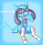  ambiguous_gender baby_pok&eacute;mon clothing feral hi_res legwear nintendo pattern_clothing pattern_legwear pok&eacute;mon pok&eacute;mon_(species) riolu sitting solo somethingstarry stockings striped_clothing striped_legwear stripes text video_games 