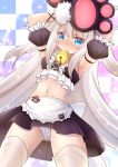  1girl apron armpits arms_up azur_lane bandeau bangs bare_shoulders bell black_skirt blue_eyes blush breasts checkered checkered_background commentary_request cowboy_shot detached_sleeves eyebrows_visible_through_hair frown gloves hair_between_eyes hammann_(azur_lane) hammann_(hammanyan_pawnch!)_(azur_lane) highres idol jingle_bell long_hair looking_at_viewer medium_breasts midriff mirun_(funimani) navel nose_blush official_alternate_costume panties pantyshot paw_gloves paw_shoes paws puffy_detached_sleeves puffy_sleeves ribbon shoes sidelocks signature skirt solo sparkle standing thighhighs underwear very_long_hair waist_apron white_hair white_legwear white_panties wrist_ribbon 