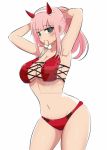 1girl armpits azmiyudista bikini blue_eyes bra breasts closed_mouth darling_in_the_franxx highres horns lace lace_bra long_hair looking_at_viewer midriff navel pink_hair swimsuit thighhighs tying_hair underwear watermark white_background zero_two_(darling_in_the_franxx) 