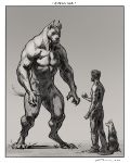  2020 anthro ball biceps canid canine canis claws clothed clothing digital_media_(artwork) domestic_dog feral fetch fur greyscale hair hi_res holding_ball holding_object human larger_male male mammal monochrome muscular muscular_anthro muscular_male nude sharp_teeth simple_background size_difference smaller_male standing tailwag taran_fiddler teeth were 