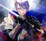  1boy black_gloves blood blood_on_face blue_eyes collared_shirt gloves highres injury katana male_focus noes shirt smile sword torn_clothes touken_ranbu waistcoat weapon white_hair yamanbagiri_chougi 