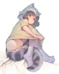  1girl :c alternate_costume animal_ears ass bangs bare_arms black_hair brown_eyes closed_mouth common_raccoon_(kemono_friends) curled_up full_body grey_hair grey_legwear highres kemono_friends knees_up looking_at_viewer lying medium_hair mifu_(b24vc1) multicolored_hair on_side raccoon_ears raccoon_girl raccoon_tail shirt shirt_tug short_sleeves skindentation solo t-shirt tail thighhighs two-tone_hair yellow_shirt 