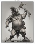  2020 anthro claws clothed clothing common_hippopotamus digital_media_(artwork) greyscale hi_res hippopotamid holding_axe loincloth male mammal monochrome navel nipples open_mouth overweight sharp_teeth simple_background solo standing taran_fiddler teeth topless were 