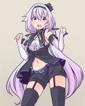  .live alternate_costume alternate_hairstyle belt carro_pino commentary_request detached_sleeves garter_belt hair_between_eyes hat headband long_hair looking_at_viewer low_twintails navel purple_eyes purple_hair shorts simple_background stomach stomach_day thighhighs tobi_(nekomata_homara) twintails virtual_youtuber 