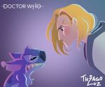  2020 alien blonde_hair blue_body blue_fur blue_markings brown_eyes chest_tuft clenched_teeth clothing crossover disney doctor_who duo experiment_(lilo_and_stitch) eye_contact fur gradient_background hair head_tuft human jacket lilo_and_stitch looking_at_another looking_down looking_up mammal markings narrowed_eyes notched_ear purple_background sharp_teeth simple_background stitch_(lilo_and_stitch) teeth the_doctor thiago_luz thirteenth_doctor topwear tuft 
