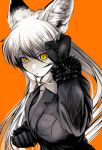  1girl absurdres akegata_tobari animal_ear_fluff animal_ears bow bowtie breast_pocket clenched_hands eyebrows_visible_through_hair ezo_red_fox_(kemono_friends) fighting_stance fingernails fox_ears fox_girl fur-trimmed_sleeves fur_trim gloves hair_between_eyes hand_up highres jacket kemono_friends long_hair long_sleeves looking_at_viewer necktie orange_background parted_lips pocket serious sharp_fingernails simple_background slit_pupils solo upper_body yellow_eyes 