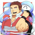  1boy bara brown_hair chest collared_shirt ezaki_papiko facial_hair facial_scar gunzo_(tokyo_houkago_summoners) highres male_focus muscle scar shirt short_hair sideburns smile solo spirit stubble thick_eyebrows tokyo_houkago_summoners upper_body 