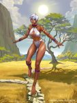  1girl abs africa anklet armlet barefoot bikini bracelet capcom choker dark_skin elena_(street_fighter) game grass gunshiprevolution highres jewelry mountain muscle necklace official_art outstretched_arms path savannah short_hair spread_arms standing standing_on_one_leg stone street_fighter sun swimsuit tall_female tiptoes tree white_hair 
