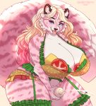  anthro big_breasts blonde_hair blue_eyes bodily_fluids bra breasts cleavage clothed clothing felid female garter_belt garter_straps hair huge_breasts mammal marzipan_(spottedtigress) panties pink_body saliva solo spottedtigress thick_thighs tongue tongue_out underwear 