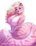  anthro bell big_breasts blonde_hair breasts cleavage clothed clothing collar female hair hi_res jingle_bell marzipan_(spottedtigress) pink_body simple_background solo spottedtigress thick_thighs white_background 