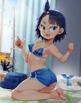  1girl :d absurdres ahoge barefoot bikini black_hair blue_bikini blue_eyes blue_shorts breasts day fang fishing_rod full_body hair_ornament highres hodaka_natsumi houkago_teibou_nisshi indoors open_mouth osamu_yagi shirt_removed short_shorts shorts skirt skirt_removed small_breasts smile solo swimsuit twisted_torso window 