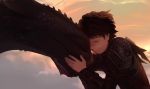  1boy armor brown_hair closed_eyes closed_mouth cloud cloudy_sky crying dragon english_commentary hiccup_horrendous_haddock_iii highres how_to_train_your_dragon how_to_train_your_dragon_3 male_focus qiinamii short_hair sky smile tears toothless 