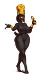  2020 3:5 anthro big_breasts black_body black_hair blazbaros blue_eyes bottle breasts canid canine canis canopic_jar djackie female full-length_portrait genitals gold_(metal) gold_jewelry hair hi_res holding_bottle holding_object jackal jewelry mammal nipples nude open_mouth portrait pussy simple_background smile solo white_background wrist_cuff 