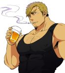  1boy bara black_tank_top blonde_hair chest chest_hair cigarette covered_abs covered_nipples cup drinking_glass ezaki_papiko facial_hair highres male_focus muscle original purple_hair short_hair smoke smoking solo stubble tank_top upper_body white_background 