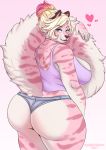  &lt;3 anthro big_breasts big_butt blonde_hair bottomwear breasts butt clothing felid female fur hair hi_res looking_back mammal marzipan_(spottedtigress) pink_body pink_fur shorts solo spottedtigress 