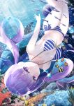  1girl bikini bubble coral dolphin fish freediving hololive light_rays long_hair looking_at_viewer madotsukumo minato_aqua ocean purple_eyes purple_hair school_of_fish striped striped_bikini sunlight swimming swimsuit tropical_fish twintails underwater upside-down virtual_youtuber 