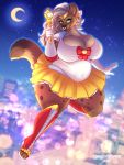  anthro big_breasts bottomwear breasts cleavage clothed clothing facial_piercing female grey_hair hair hi_res hyaenid mammal mature_female moon night nose_piercing nose_ring piercing sailor_moon_(series) silver_(ezukapizumu) skirt spotted_hyena spottedtigress 