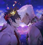  2boys bangs beepaint black_hair collarbone dark_skin dark_skinned_male face-to-face forehead-to-forehead greek_clothes green_eyes hades_(game) laurel_crown male_focus multiple_boys single_bare_shoulder sleeveless smile spiked_hair sunrise thanatos_(hades) toned toned_male water white_hair yaoi yellow_eyes zagreus_(hades) 
