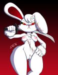  2spot_studio absurd_res anthro bloody_bunny female genitals hair hand_on_hip hi_res jo-vee-al lagomorph leporid mammal melee_weapon monster nipples nude pussy rabbit red_background red_eyes scar simple_background solo standing stitch_(disambiguation) sword thick_thighs weapon wide_hips yellow_eyes 