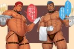  2boys abs ass bara bare_chest beard blue_hair bow bowtie brown_male_underwear bulge butler chest cup dark_skin dark_skinned_male drinking_glass facial_hair gloves goatee harness leather looking_at_viewer male_focus mohawk multiple_boys muscle navel nipples original red_eyes red_hair revealing_clothes sakuramarusan short_hair spread_legs stubble thick_thighs thighs translation_request tray white_gloves 