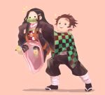  /\/\/\ 1boy 1girl :d artist_name bamboo bit_gag black_eyes black_hair brother_and_sister brown_hair checkered earrings english_commentary facial_scar full_body gag hair_ribbon haori highres japanese_clothes jewelry kamado_nezuko kamado_tanjirou kimetsu_no_yaiba kimono lifting_person long_hair multicolored_hair open_mouth pink_kimono pink_ribbon qiinamii ribbon scar siblings simple_background smile standing two-tone_hair 