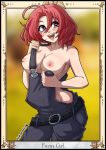  1girl :d ahoge artist_name bangs bare_shoulders belt black_belt blurry blurry_background blush border breasts breasts_outside collarbone commentary cow_girl_(goblin_slayer!) cowboy_shot eyelashes goblin_slayer! heart heart-shaped_pupils highres kinkymation large_breasts medium_hair naked_overalls nipples open_mouth outside_border overalls pink_hair red_hair short_hair smile solo suspenders symbol-shaped_pupils upper_teeth 