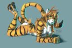  2020 anthro barefoot breasts dipstick_tail featureless_breasts felid female flora_(twokinds) fur keidran looking_at_viewer mammal multicolored_tail nude orange_body orange_fur pantherine pawpads purplelemons simple_background smile solo tiger twokinds webcomic yellow_eyes 