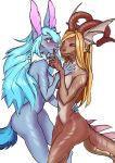  anthro anthro_on_anthro beauty blonde_hair blue_body blue_fur blue_hair boty breasts brown_body butt butterflysneeze commission_art convenient_censorship curved_horn dragon duo female female/female flirting fur hair hi_res horn lagomorph leporid love lovely mammal nude pinup pose princess rabbit royalty shy simple_background white_background ych_commission ych_result 