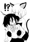  !? 2girls :3 alternate_hairstyle animal_costume animal_ears bags_under_eyes bare_shoulders biting_hair blush bow bowtie breast_fondle cat_costume cat_ears cat_paws cat_tail commentary_request gloves groping halloween halloween_costume head_wings highres katakoriku kuroki_tomoko monochrome multiple_girls onomatopoeia open_mouth paw_gloves paws shirt short_hair simple_background sleeveless sleeveless_shirt sweatdrop tail twintails uchi_emiri vampire_costume watashi_ga_motenai_no_wa_dou_kangaetemo_omaera_ga_warui! white_background yuri |_| 