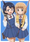  2girls :d ahoge bangs black_hair blue_background blue_eyes blue_skirt blunt_bangs blush brown_eyes brown_footwear brown_hair fang fishing_rod hodaka_natsumi houkago_teibou_nisshi life_vest long_sleeves multiple_girls onomekaman open_mouth school_uniform shirt simple_background skirt smile socks standing standing_on_one_leg tsurugi_hina white_shirt 