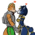  1:1 2011 anthro armor blue_body blue_fur blue_hair canid canine clothing colored_sketch duo eye_contact fox fox_mccloud fur hair jewelry krystal looking_at_another mammal nintendo orange_body orange_fur sketch smile star_fox suit tail_jewelry tail_ring video_games white_body white_fur 