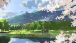  1other ambiguous_gender blue_sky blurry blurry_foreground cherry_blossoms cloud cloudy_sky commentary day depth_of_field english_commentary from_side hat highres horse ling_xiang mountain original outdoors rice_hat river scarecrow scenery sky torii tree walking 