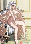  1girl absurdly_long_hair artist_name bangs barefoot black_blindfold blindfold blonde_hair blush breasts closed_mouth commentary completely_nude english_commentary from_side full_body goblin_slayer! habit hand_on_own_knee highres indoors kinkymation large_breasts long_hair nipples nude on_bed patreon_logo sitting solo sword_maiden tile_floor tiles very_long_hair 