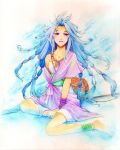  1girl ankle_wrap anklet barefoot beads blue_hair dress hands_on_feet highres jewelry long_hair multiple_tails necklace off_shoulder romancing_saga_2 romancing_saga_re;universe saga short_dress sitting smile tail traditional_media very_long_hair watercolor_(medium) wrist_wrap yuzology 