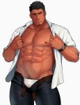 1boy abs bara bare_chest black_pants bulge chest chest_hair collared_shirt cowboy_shot facial_hair groin hairy highres male_focus muscle navel navel_hair nipples one_eye_closed open_clothes open_pants open_shirt original pants sakuramarusan shirt short_hair sideburns solo stubble thick_thighs thighs undressing white_male_underwear white_shirt 