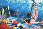  1girl air_bubble bangle bikini black_hair bracelet bubble coral diving fish flippers freediving hair_ornament hairpin highres hino0629 jewelry light_rays long_hair long_ponytail multicolored multicolored_eyes ocean_bottom original outstretched_arms ponytail sunlight swimming swimsuit tropical_fish underwater 