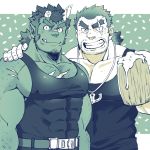  2boys bara bare_arms bare_shoulders black_tank_top blue_theme character_request chest chest_hair chest_scar covered_abs covered_nipples ezaki_papiko facial_hair hand_on_another&#039;s_shoulder highres horns male_focus multiple_boys muscle red_oni_(tokyo_houkago_summoners) scar scar_across_eye short_hair sideburns stubble tank_top thick_eyebrows tokyo_houkago_summoners upper_body 