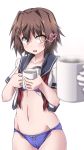  1girl 547th_sy blue_bra blue_panties blurry bra brown_hair commentary_request cowboy_shot cup depth_of_field furutaka_(kantai_collection) glowing glowing_eye heterochromia highres kantai_collection mug navel no_pants open_clothes panties short_hair simple_background solo underwear white_background yellow_eyes 