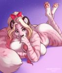  anthro big_breasts big_butt blonde_hair breasts butt felid female hair lying mammal marzipan_(spottedtigress) on_front pink_body solo spottedtigress 