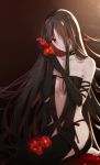  1girl absurdres bare_hips black_choker black_dress black_gloves black_ribbon breasts brown_hair choker cleavage collarbone consort_yu_(fate) crying crying_with_eyes_open dress elbow_gloves fate/grand_order fate_(series) floating_hair flower gloves hair_over_one_eye highres holding holding_flower long_hair medium_breasts missholmes red_eyes red_flower revealing_clothes ribbon shiny shiny_hair sitting solo tears very_long_hair 