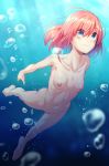  1girl abs air_bubble barefoot blue_eyes blush breasts bubble completely_nude dosu_(doseven) freediving highres light_rays navel nude ocean original pink_hair ribs small_breasts smile swimming underwater zenra 