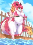 anthro bikini bow clothing dragon female green_eyes hi_res navel overweight overweight_female solo spottedtigress swimwear thick_thighs water white_body 