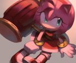  1girl amy_rose animal_nose boots dress furry gloves green_eyes hairband hammer jewelry looking_to_the_side piko_piko_hammer qiinamii red_dress red_footwear red_hairband ring shadow solo sonic_the_hedgehog white_gloves 