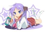  1girl absurdres brown_ribbon chamu_(chammkue) closed_mouth eyebrows_visible_through_hair hair_ribbon handheld_game_console highres hiiragi_kagami inkling kneehighs long_hair looking_at_viewer lucky_star lying miniskirt neckerchief nintendo_switch no_shoes on_stomach pink_neckwear pleated_skirt red_sailor_collar red_skirt ribbon ryouou_school_uniform sailor_collar school_uniform serafuku shadow shirt skirt smile solo splatoon_(series) splatoon_2 star_(symbol) tsurime twintails twitter_username white_background white_legwear white_shirt 