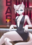  5_fingers alcohol anthro bar beverage black_clothing black_dress black_nails black_nose blue_eyes blue_pupils bottle breasts canid canine canis chair cheek_tuft chest_tuft clothed clothing cocktail collarbone colored colored_nails crossed_legs dark_pupils detailed_background digital_media_(artwork) dress eyebrows eyelashes facial_tuft female fingernails fingers front_view fur fur_tuft furniture hair hi_res humanoid_hands inner_ear_fluff inside iris light lighting looking_at_viewer mammal medium_breasts monotone_body monotone_fur monotone_hair monotone_tail nails narrowed_eyes pink_inner_ear portrait pupils sasha shaded sitting small_waist smile snout solo three-quarter_portrait three-quarter_view tuft white_body white_ears white_eyebrows white_fur white_hair white_tail wolf zanzagen 