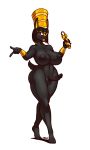 2020 3:5 anthro balls barefoot big_breasts black_body black_hair blazbaros blue_eyes bottle breasts canid canine canis canopic_jar djackie full-length_portrait genitals gold_(metal) gold_jewelry gynomorph hair headgear hi_res holding_bottle holding_object intersex jackal jewelry mammal nipples nude open_mouth penis portrait simple_background smile solo white_background wrist_cuff 