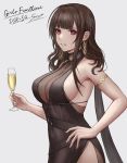  1girl alcohol armlet bangs bare_shoulders black_dress blunt_bangs blush breasts brown_hair champagne champagne_flute character_name cleavage commentary_request copyright_name cowboy_shot cup dress drinking_glass dsr-50_(girls_frontline) earrings evening_gown eyebrows_visible_through_hair girls_frontline hand_on_hip highres holding holding_cup jewelry large_breasts long_hair looking_at_viewer parted_lips red_eyes ring selcky signature simple_background sleeveless sleeveless_dress smile solo white_background 