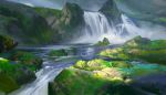  day flower grass green_theme highres ling_xiang no_humans original outdoors river scenery water waterfall 